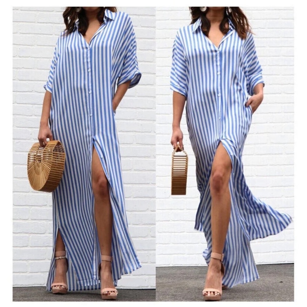 Steve Madden Striped Duster Long Sleeved Button Down Shirt Dress, NWT Size Large - Picture 9 of 14